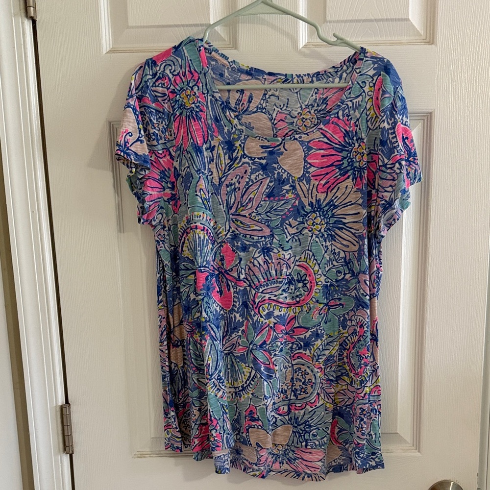 Lilly Pulitzer Blue and Pink Floral Short Sleeve Top